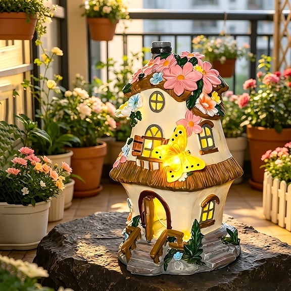 Topukaiba Solar Fairy House Garden Statue, 8.3 Inch Resin LED Night Light with Butterfly Accents, Waterproof Outdoor Solar Powered Sculpture for Patio, Lawn, Yard Decor, 8.2"x4.9", Multicolor