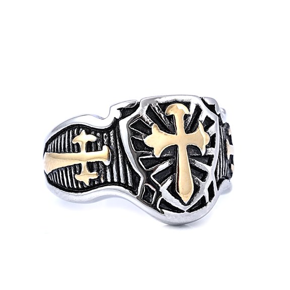 Vintage Punk Shield Cross Fashion 14K White Gold Ring Men's Waterproof Jewelry