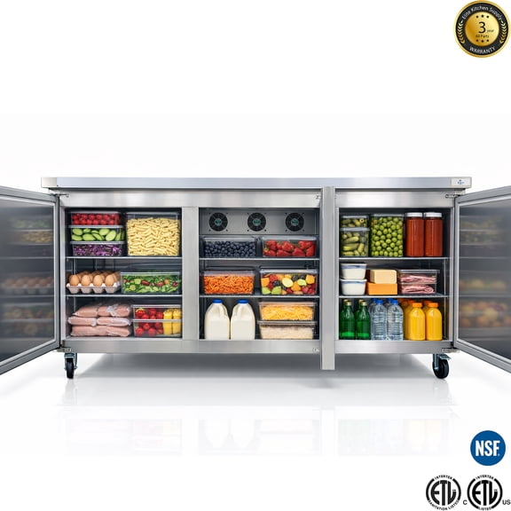 72" NSF Undercounter 3-Door Commercial Refrigerator – 21 Cu.Ft Stainless Steel Worktop Fridge with Auto Defrost & R290 Refrigerant