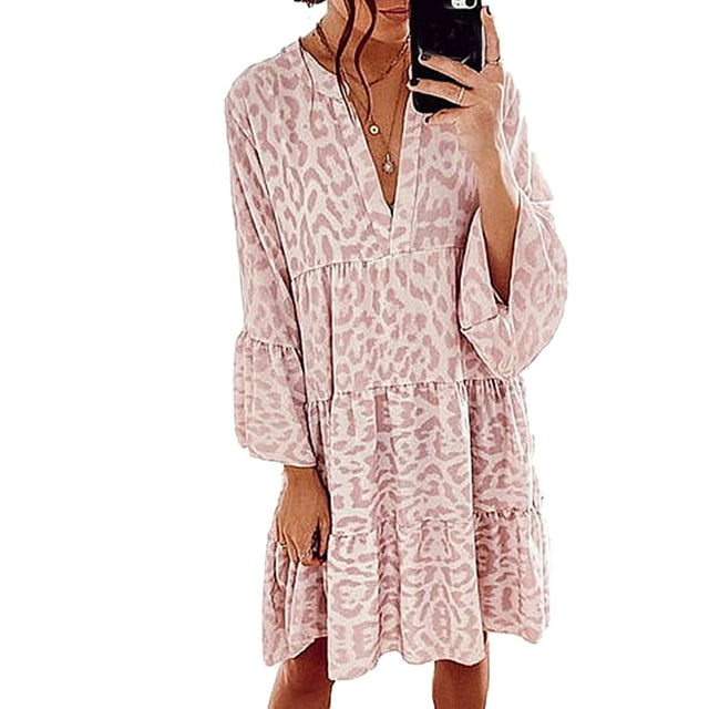 Tralilbee Nouvelle Robe Mini Ample Léopard Femme Décontractée Rose Col en V Manches à Volants Jupe Chemise de Fête Femme Plage Robe Bohème