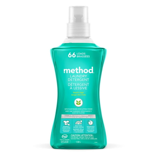 Bottle of Method Beach Sage laundry detergent, 1.56L size for 66 loads, featuring plant-based stain lifting power and long-lasting fragrance.