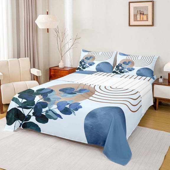 jejeloiu Nautical Abstract Queen Sheets For Men Women,Modern Aesthetic Art Queen Sheet Sets,Blue Brown,4pcs,1 Flat Sheet, 1 Fitted Sheet and 2 Pillowcases