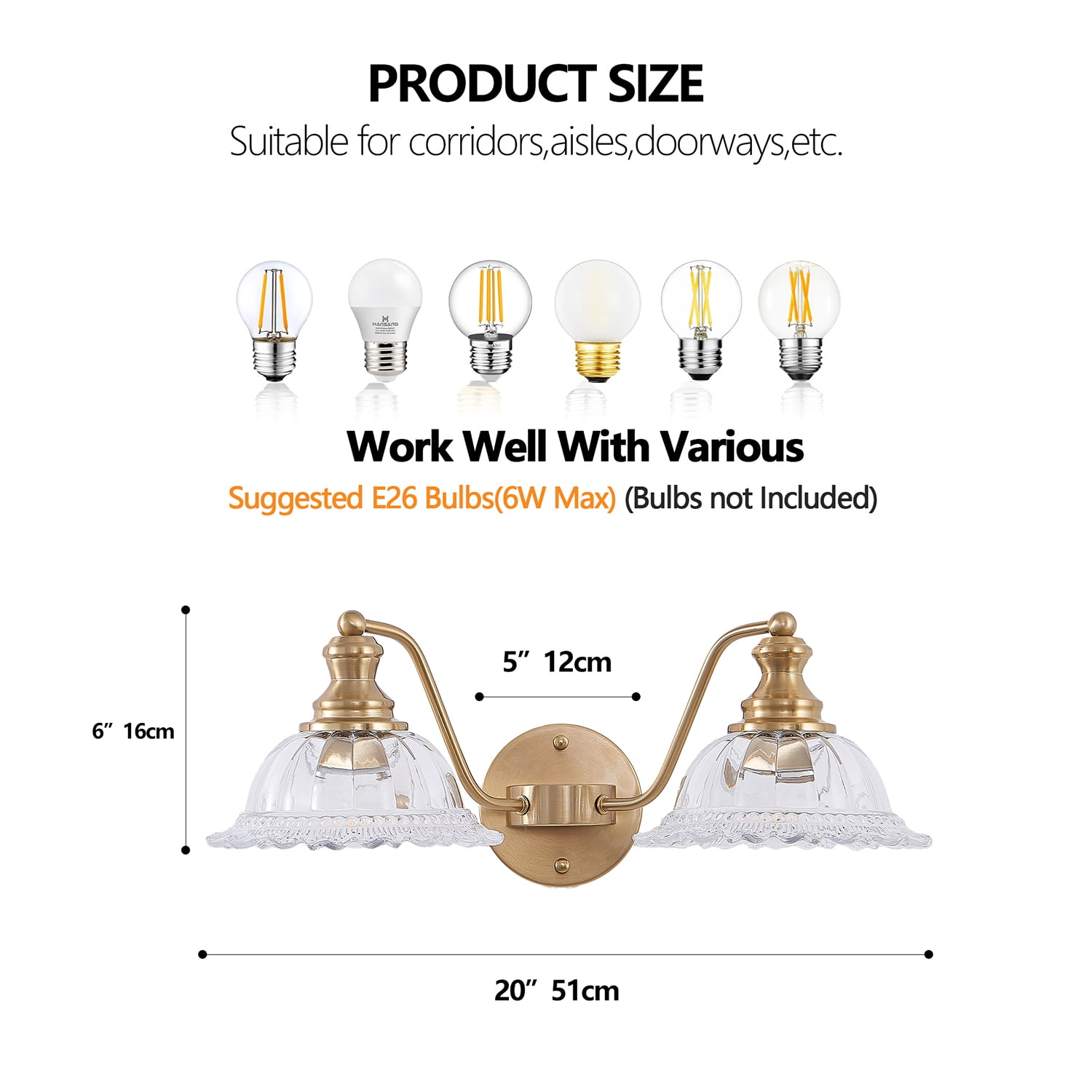 Gold Iron and Glass 2-Light Vanity Lighting Fixture for Elegant Bathrooms