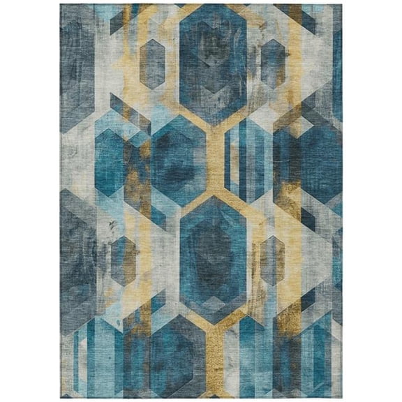 HomeRoots 618758 5 x 8 ft. Teal Blue, Gold & Silver Geometric Washable Indoor & Outdoor Rectangle Area Rug