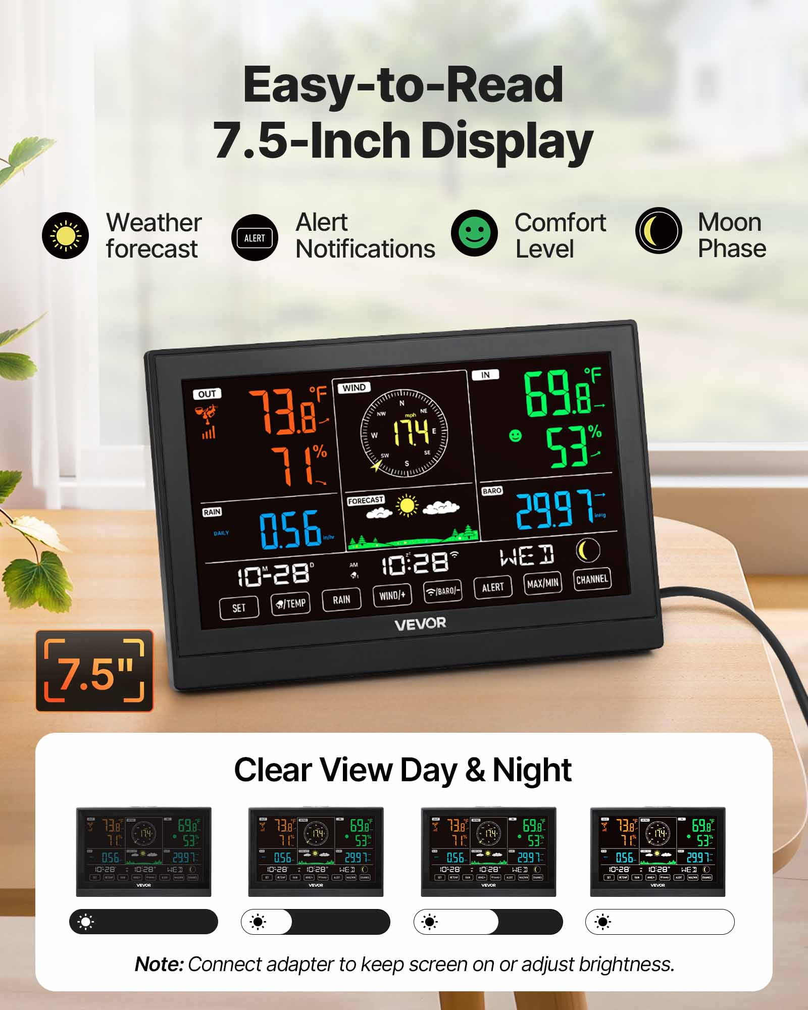 VEVOR 5-in-1 Wi-Fi Weather Station, 7.5-Inch VA Display, Wireless Solar Powered Outdoor Sensor, Rain Gauge, Indoor Outdoor for Weather Forecast, Wind Speed Direction, Temperature, Humidity, Rainfall