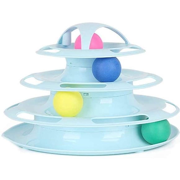 Jouets Tournants pour Chats Jouets Interactifs Ronds pour Animaux 4 Couches Rouleau à Billes en Plastique pour Chatons Casse-Tête d'Entraînement Tour avec Billes (Bleu)