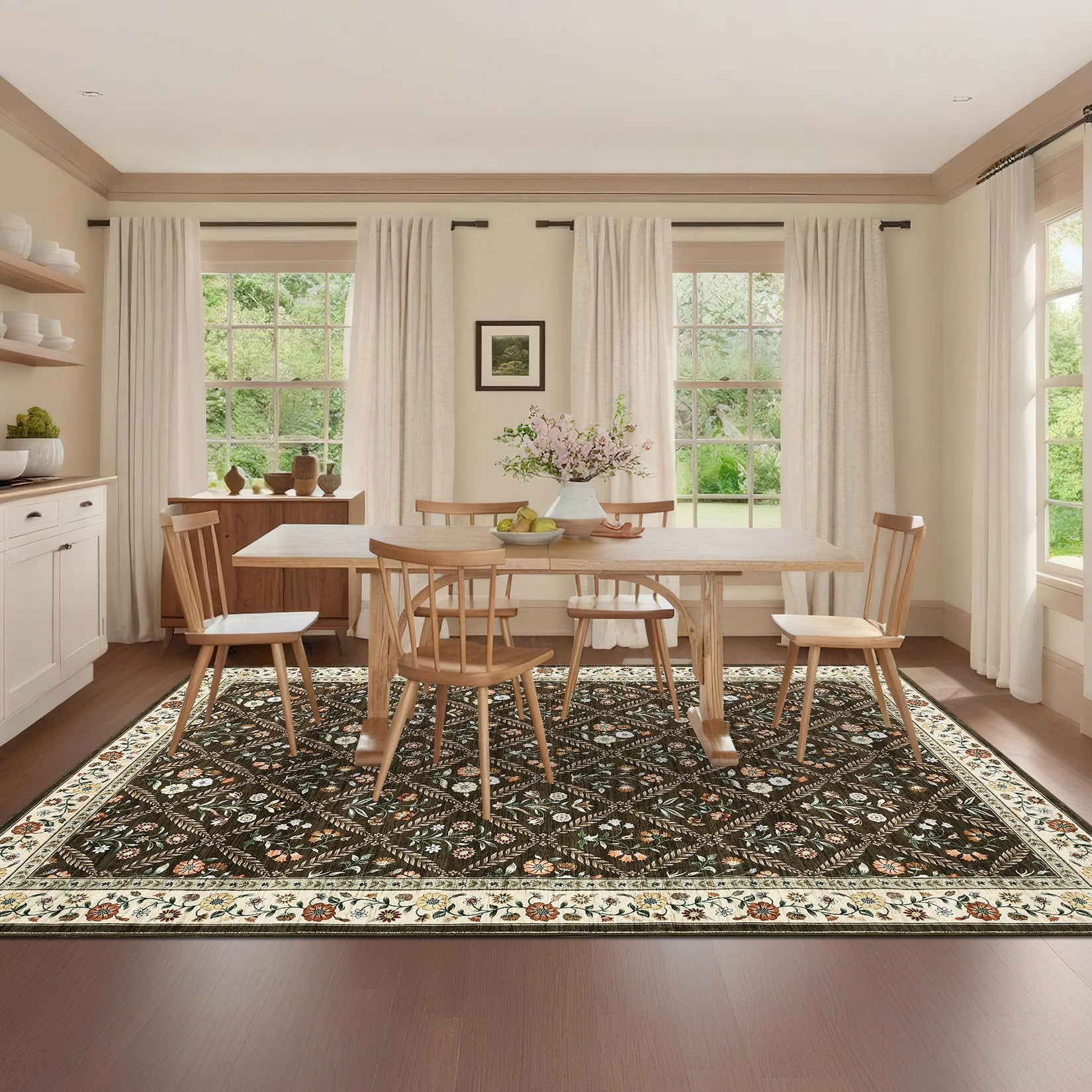 Senfot 9x12 Floral Print Area Rug Machine Washable Non-Slip Stain Resistant Low Pile Bordered Farmhouse Rug for Living Room Bedroom Home Office Brown