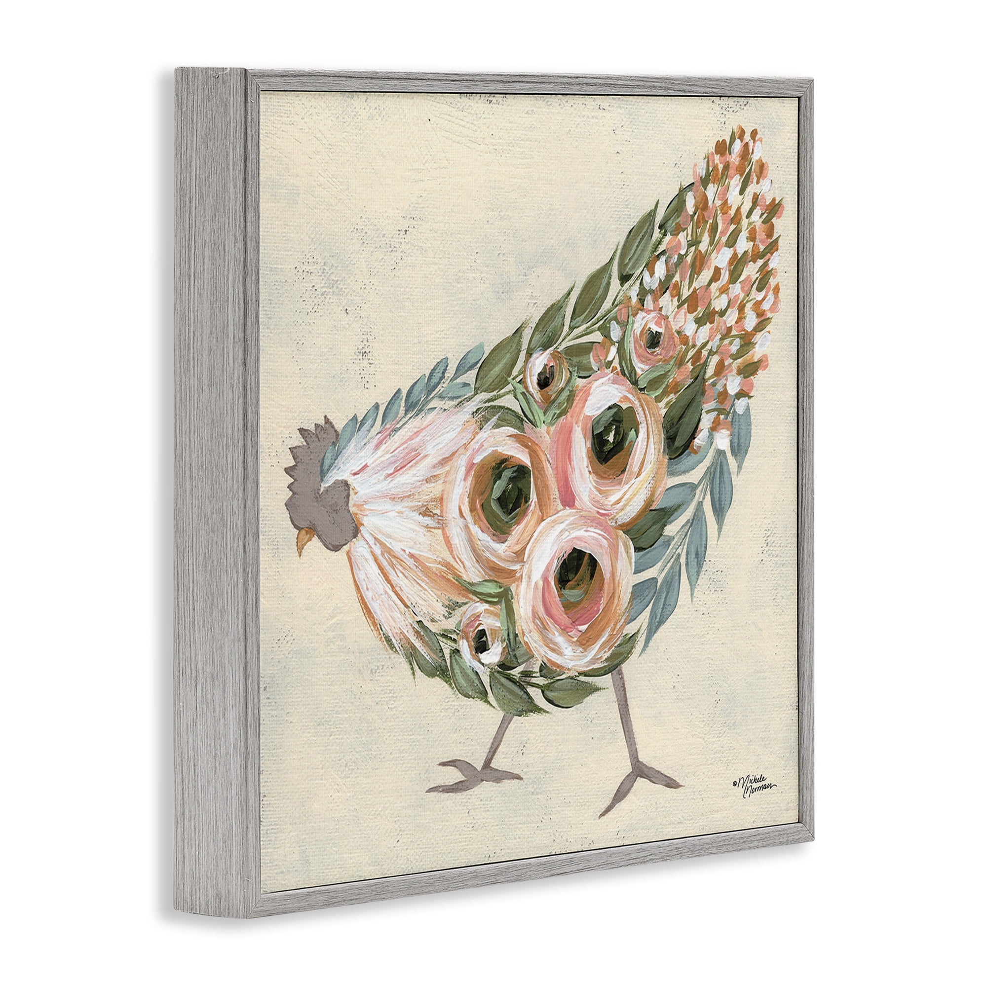Stupell Industries Vintage Chicken with Floral Body Animals & Insects Painting Gray Framed Art Print Wall Art, 12 x 12