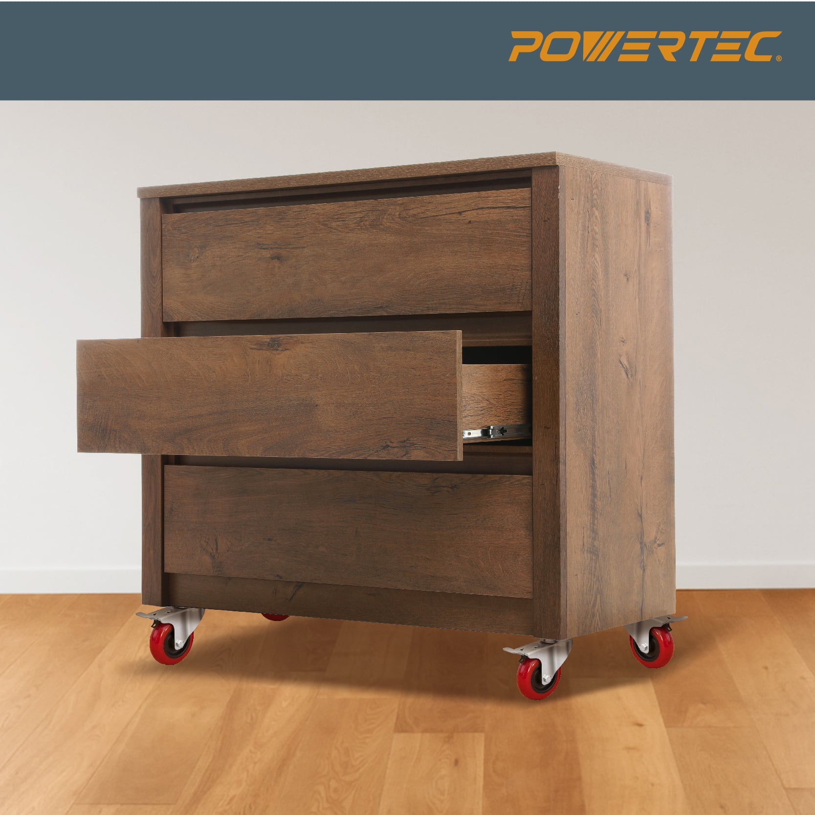 POWERTEC 4PK 3-Inch Swivel Caster Wheels with Brake & 640 lbs Loads, Heavy Duty Plate Casters, Dual Locking PU Castor Wheels for Furniture, Cart, Dolly and Workbench (17205)