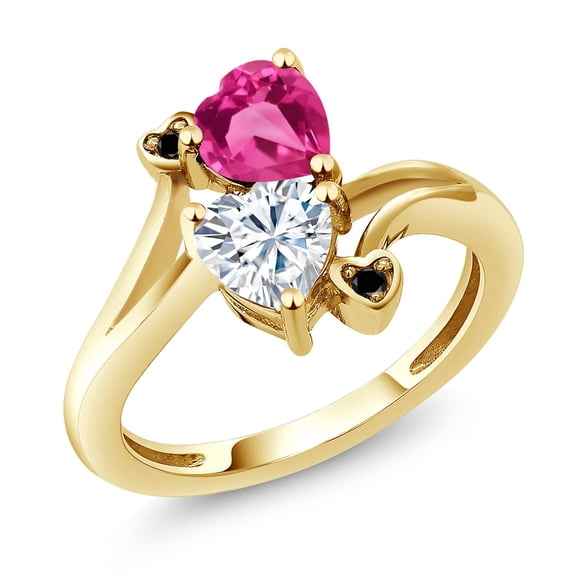 Gem Stone King 18K Yellow Gold Plated Silver Pink Created Sapphire White Moissanite and Black Diamond Ring for Women (1.63 Cttw, Heart Shape 6MM, Gemstone September Birthstone, Size 9)