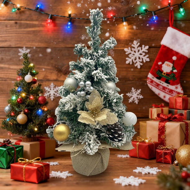 Mini Árboles de Navidad con Agujas Flocadas, Bayas y Flores Decorativas, Árboles Decorados con Luces Led, Mesa de Cocina Artificial