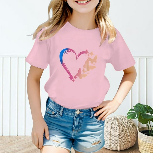Catégorie de Produit Hauts et Chemises pour Filles - T-Shirt Graphique Mignon à Col Rond et Manches Courtes pour Enfants, Chemise Décontractée d'Été / Confort Quotidien / Mélange Durable / Entretien Facile Vêtements pour Enfants