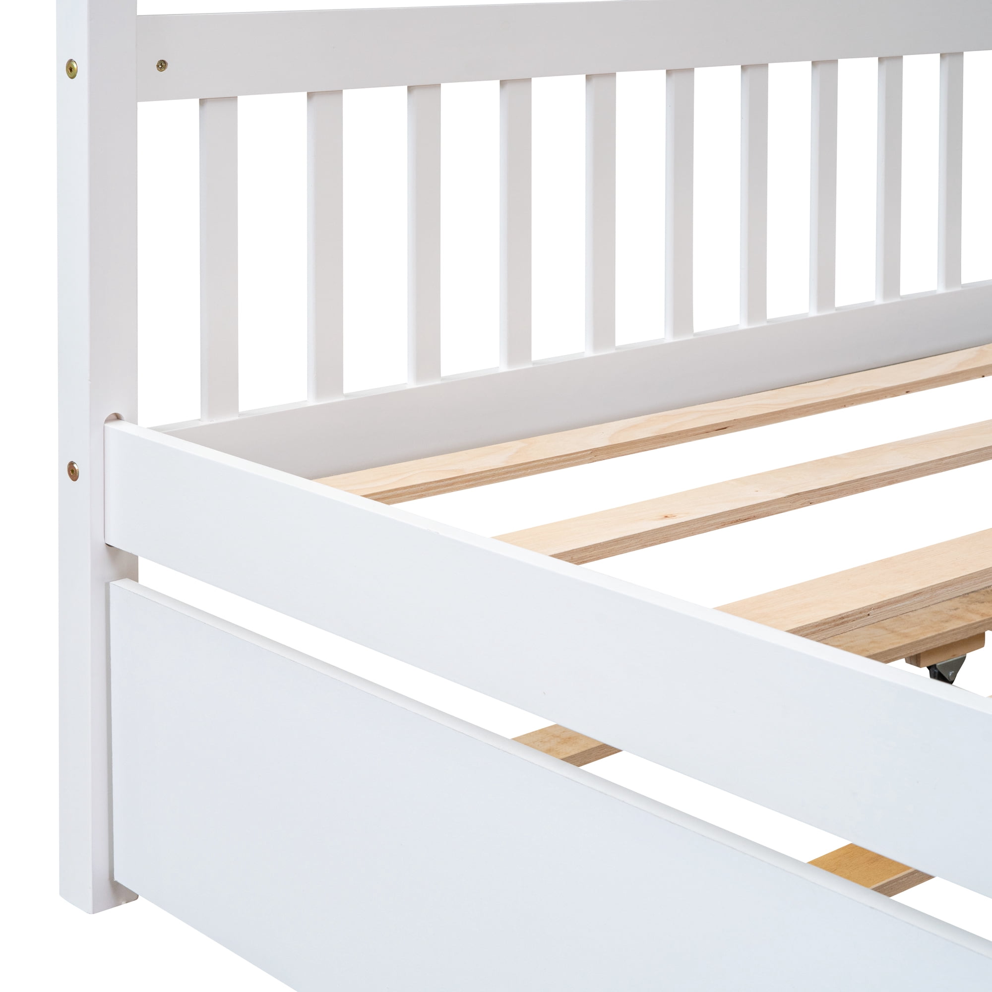 Bellemave Full Size House Bed with Trundle, Wood Platform Bed Frame with House Shape Roof for Teens (White)