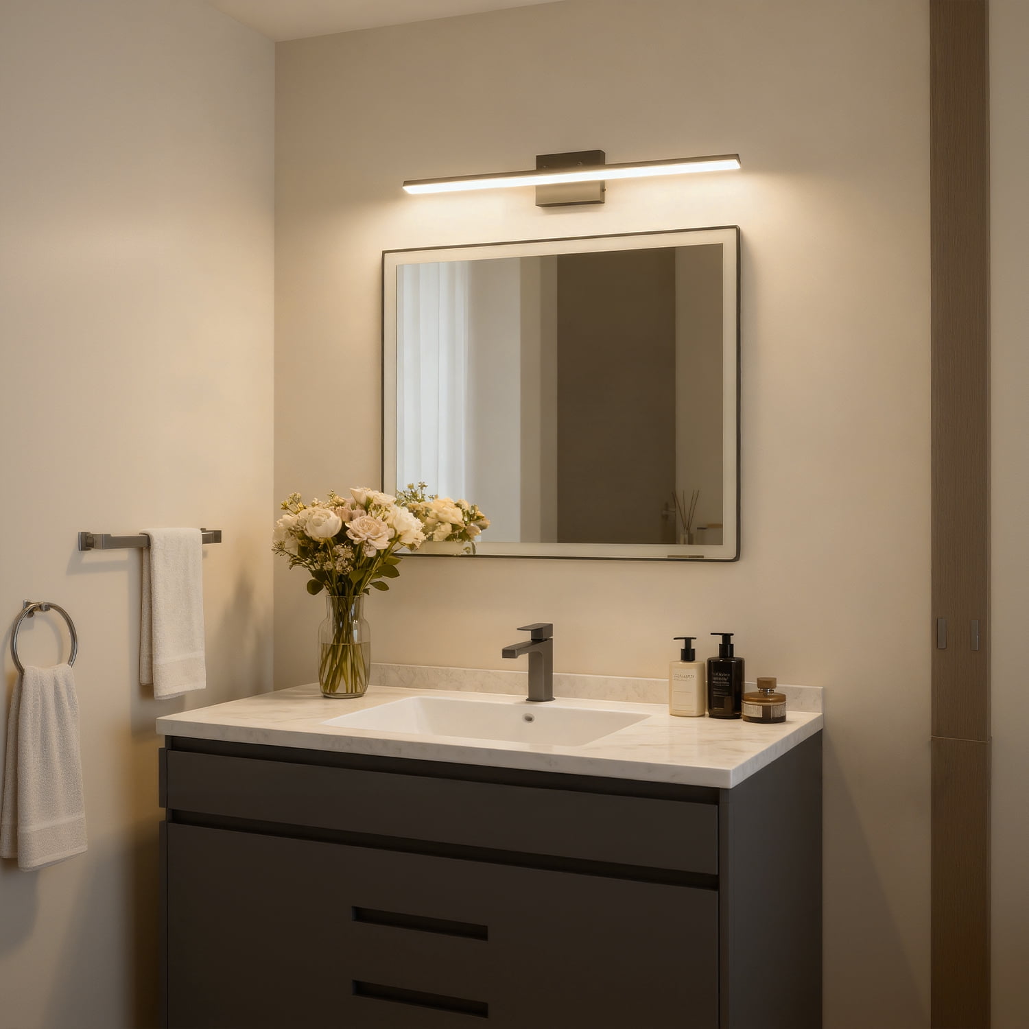 YANSUN 31.5 in LED Mirror Light, Dimmable 3-Color, Super Slim Black Light Bar, for Makeup Vanity & Bathroom Mirror