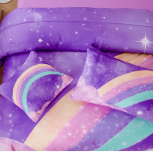 URBONUR 4 Pieces Girls Comforter Set Twin, Purple Rainbow Kids Bedding Set for Girls, Glitter Galaxy Bed Comforter Set with Pillowcases