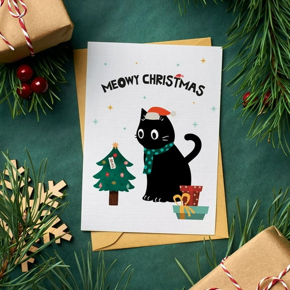 Meowy Christmas Card – Cute Black Cat with Christmas Tree and Gifts Design – Envelope Included, Blank Inside – Perfect Holiday Greeting for Cat Lovers