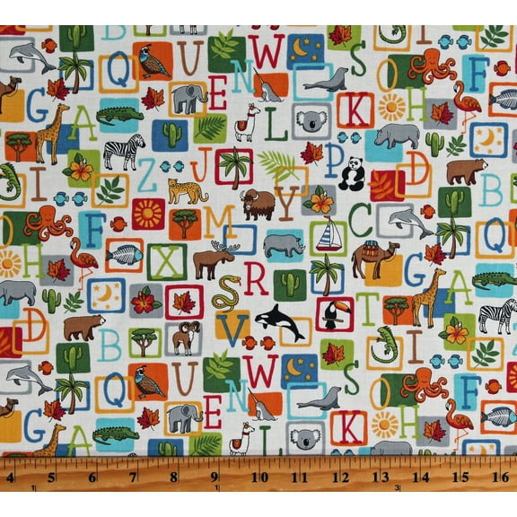 Cotton ABC Animals Alphabet Squares Kids Children's Learning Preschool White Cotton Fabric Print by the Yard (TP-2524-1)