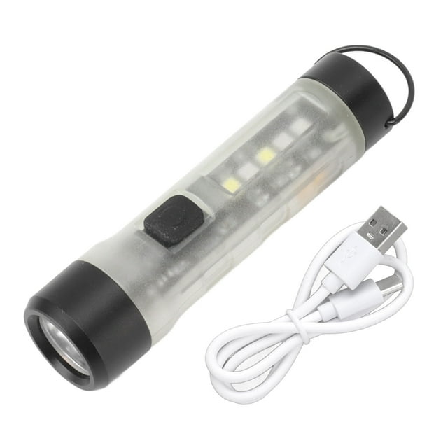 Mini linterna LED de bolsillo con llavero de 700 luces y puerto de carga tipo C para acampada nocturna.