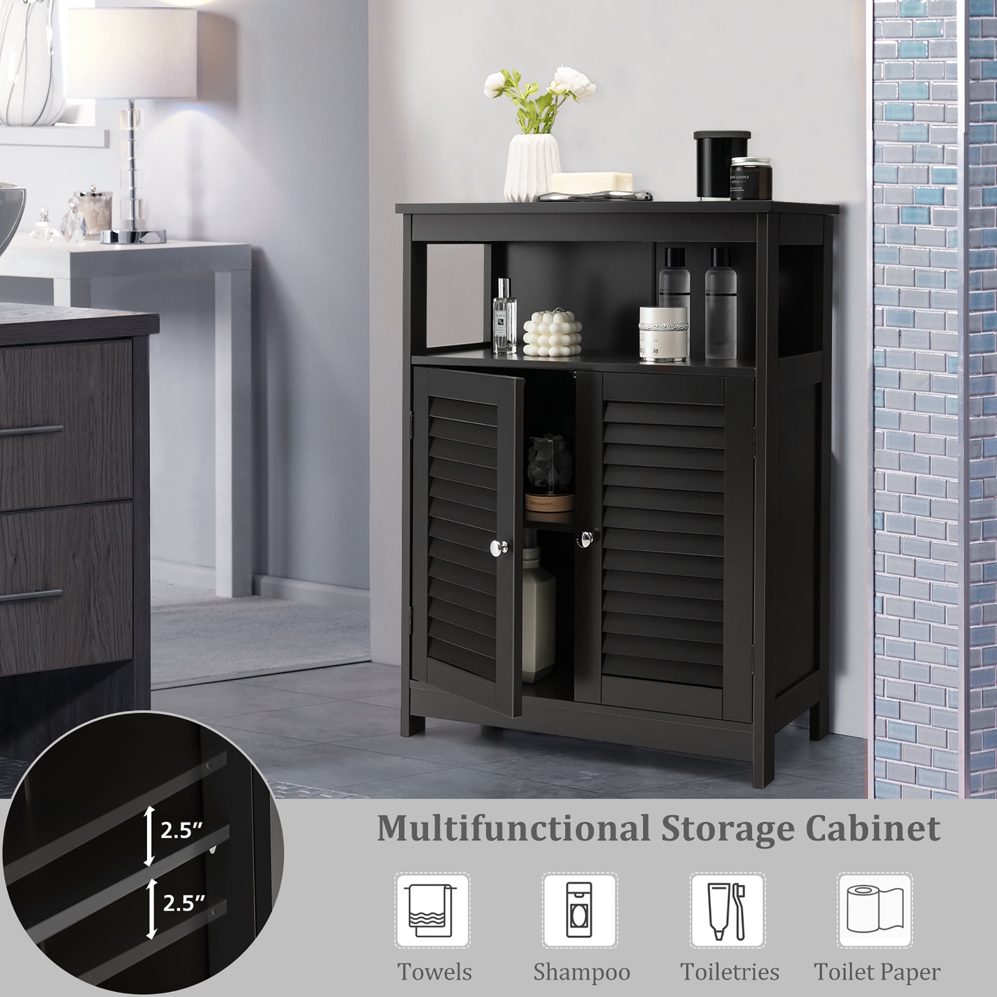 Costway Bathroom Storage Wood Floor Cabinet with Double Shutter Door Black