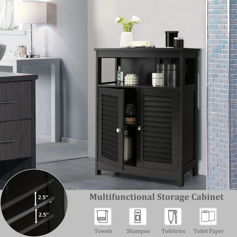 Costway Bathroom Storage Cabinet Wood Floor Cabinet w/ Double Shutter Door  Black