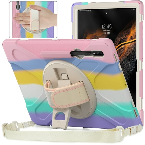 Heavy Duty Shockproof TPU Case for Samsung Galaxy Tab S8 Ultra 14.6" (SM-X900/ X906) , Protective Rotating Kickstand Handle Shoulder Strap Cover,Pink