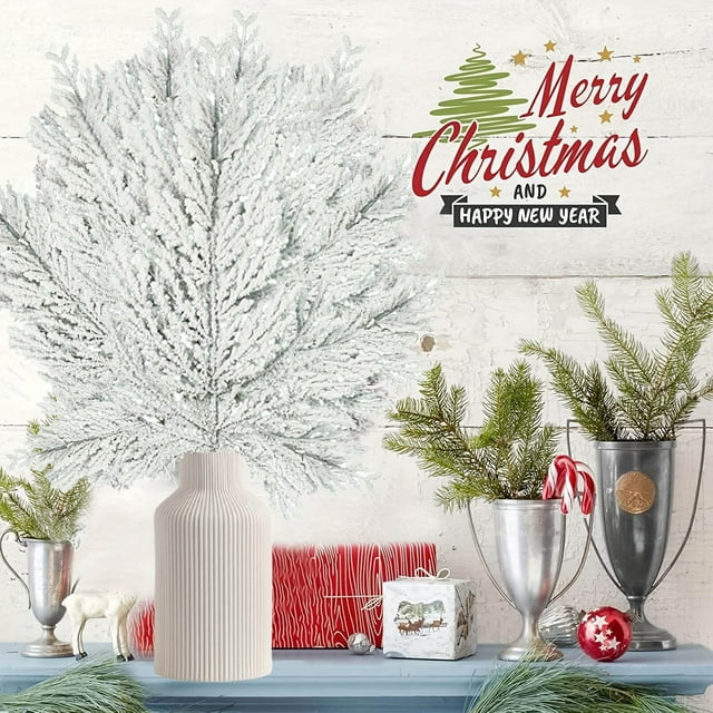 Artificial Christmas Tree Decorations 24 Pieces Flocked Cedar Leaf Branches for Holiday Home Party Decor