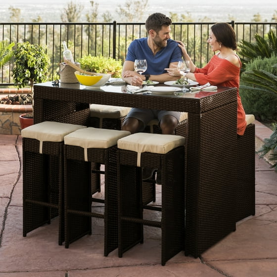 Best Choice Products 7 Piece Outdoor Rattan Wicker Bar Dining Patio Best Choice Products 7 Piece Outdoor Rattan Wicker Bar Dining Patio Furniture Set W Gl Table Top 6 Stools Black