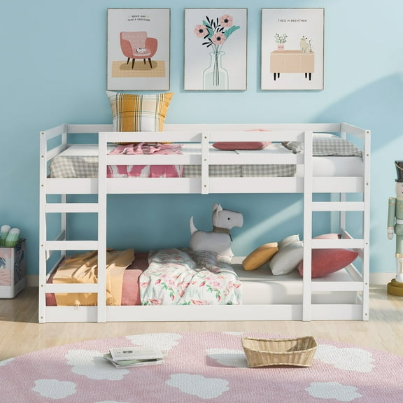 Aukfa Twin Over Twin Bunk Bed, Solid Wood Low Bunk Bed, White
