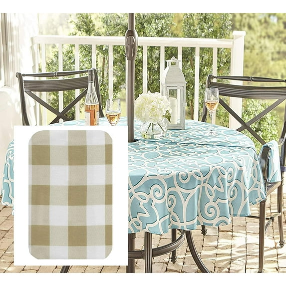 Newbridge Taupe Buffalo Cottage Check Print Fabric Tablecloth, Buffalo Plaid Wrinkle Free, Water and Stain Resistant Heavy Weight Tablecloth, 70” Zippered Umbrella Round