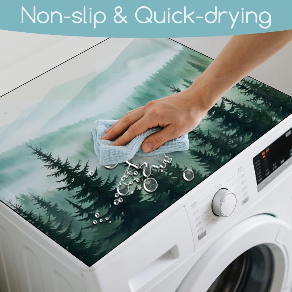 Mountain Tree Washing Machine Dust Cover Top Mat 23.6"x19.7" Pine Trees Washer Dryer Dust Cover Mat Green Hills Washing Machine