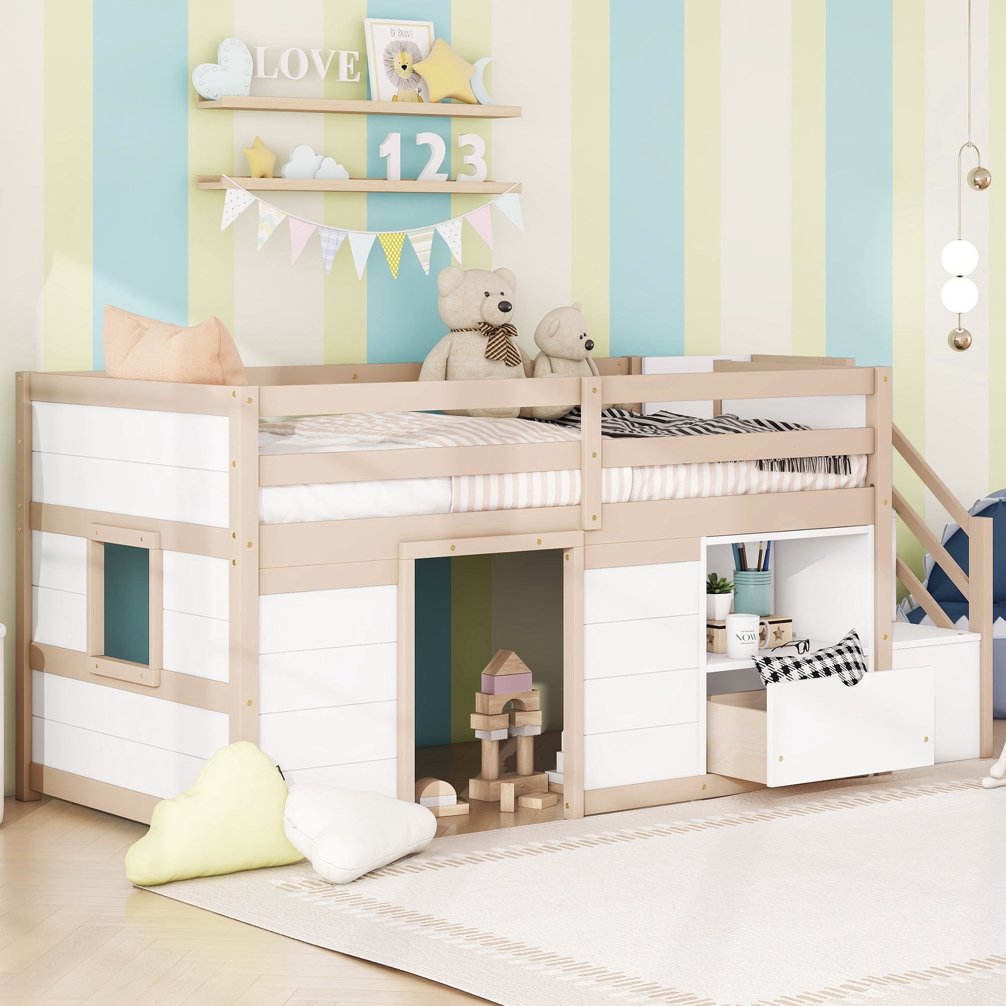 Leumius Twin Size Loft Bed with Storage Stairs and Storage Drawers,Solid Wood Bed Frame with Large Under-Bed Space,Cream White
