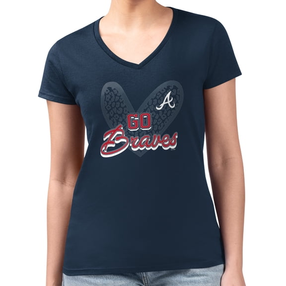 Women's G-III 4Her by Carl Banks Navy Atlanta Braves Leopard Heart Fitted V-Neck T-Shirt