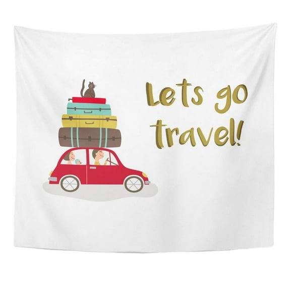 ZEALGNED Road Trip Car with Baggage Lets Go Travel Lettering Flat Cartoon White Family Travelling by Suitcase Wall Art Hanging Tapestry Home Decor for Living Room Bedroom Dorm 60x80 inch
