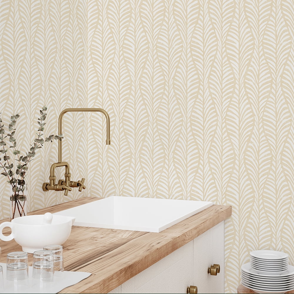 Tempaper Block Print Leaves White Clay Peel and Stick Wallpaper, 20.5" x 16.5'