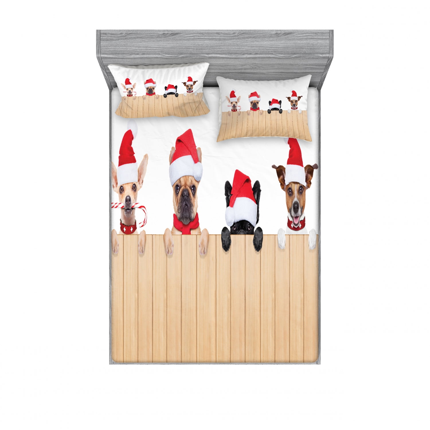 Christmas Bedding Set with Sheet & Covers, Group of Santa Claus Dogs over Wooden Fences Humor