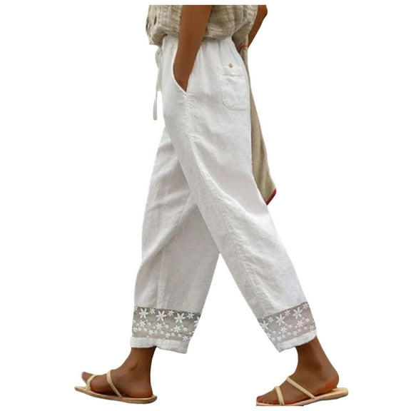 Summer Pants for Women Fashion Elastic Waist Pant With Pocket Loose Harem Pants Printed Crop Tan Work Suit Fashion Sweatpants Women Soft Yoga for Tall Short Dark Wind White S