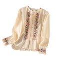 thumbnail image 2 of Uootdi Vintage Embroidered Linen Long Sleeve Shirts for Women Colorblock Button Down Blouse Versatile Business Casual Loose Tops Gift, 2 of 5