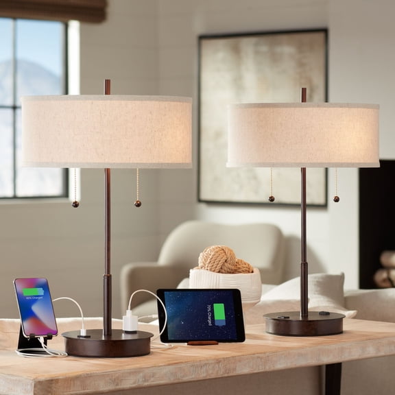 Possini Euro Design Modern Accent Table Lamps 23.5" High Set of 2 with Hotel Style USB and AC Power Outlet in Base Bronze Fabric Drum Shade for