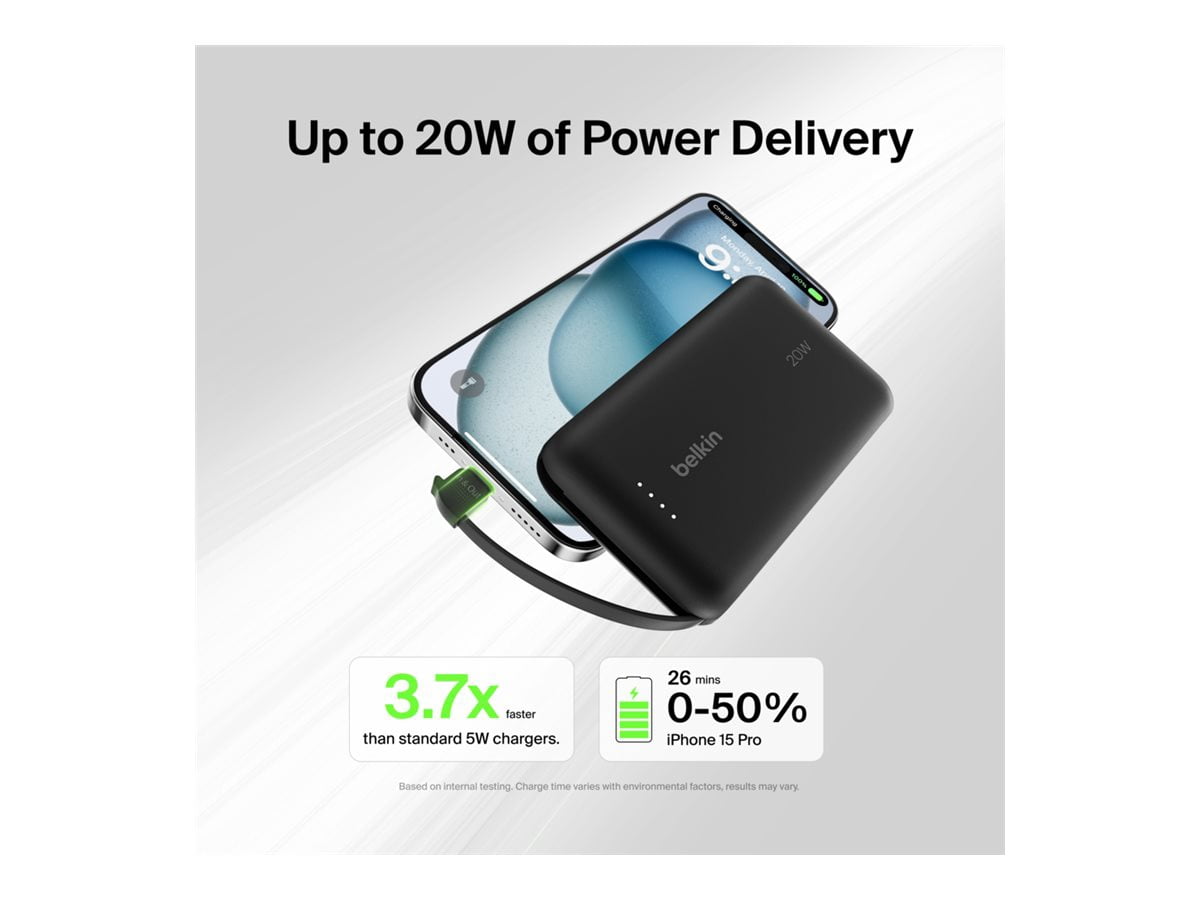 Belkin Power Bank, Portable Power Bank with Integrated Cable 10K PD 20W - Fast Charge USB-C Power Delivery, Portable iPhone Charger for iPhone 16 Series, iPad Pro, Galaxy S24, and More - Black