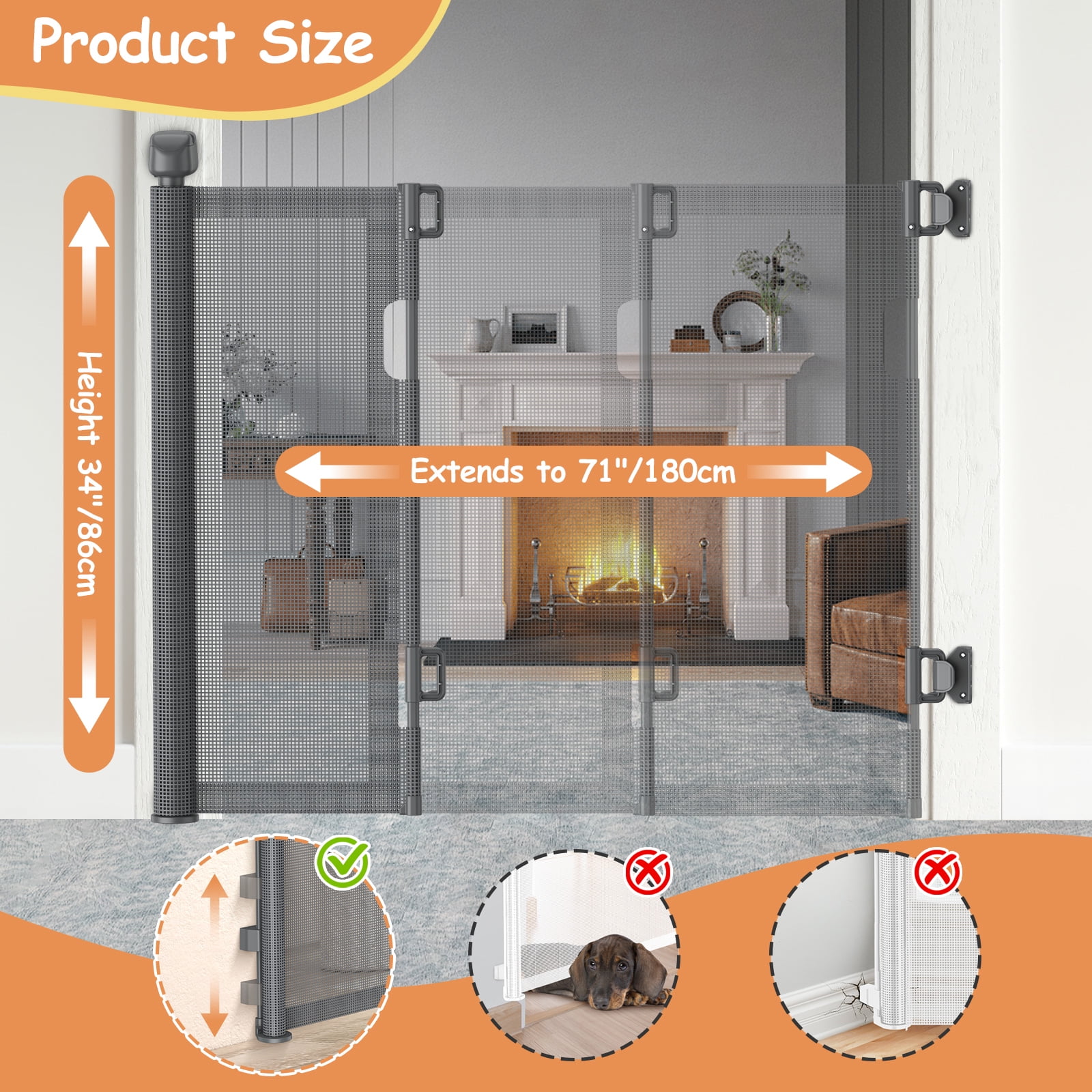 BEBANG Retractable Baby Gate, 2 Installation Modes, 71" Retractable Dog Gate for Stairs, Doorways, Hallways, Indoor and Outdoor, Gray