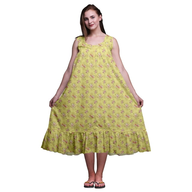 Bimba Chemises de Nuit en Coton Jaune Moyen à Imprimé Feuilles et Fleurs pour Femmes, Sans Manches, Robe de Nuit, Robe Maxi, Moyen