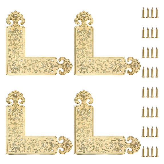 PH 4pcs Embossing Decorative Corner Protectors 3.5x3.5inch L-Shape Guard Edge Cover Gold Flat Trim with Screws