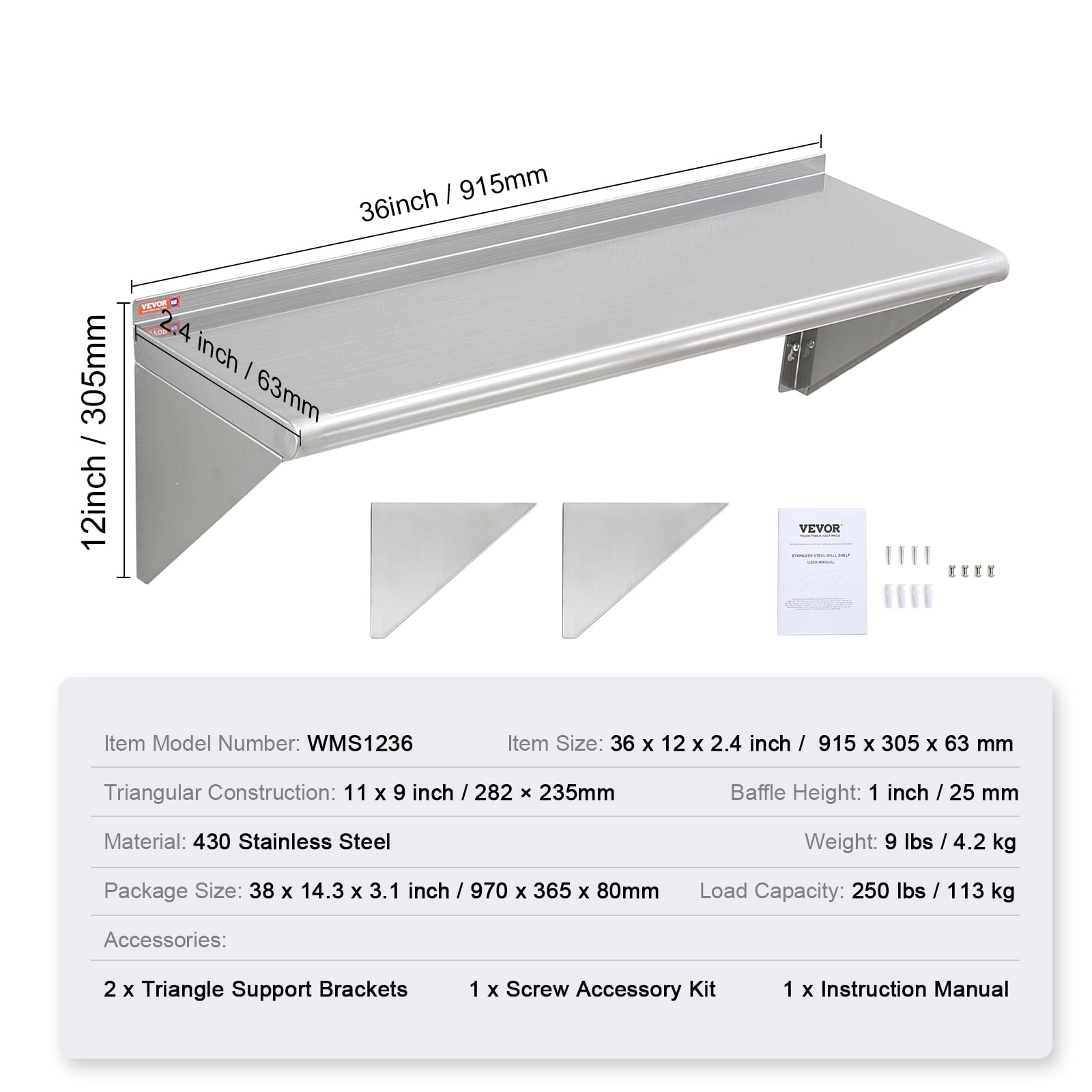 Stainless Steel Wall Mounted Shelf 12 x 36”, , Commercial Wall Shelf/Backsplash Food Service Storage Rack Shelving for Restaurant, Kitchen and Hotel