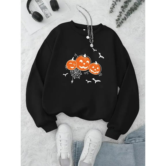Halloween Pumpkin Graphic Sweatshirt Top Round Neck Lantern Design Breathable Long Sleeve Black S-3XL