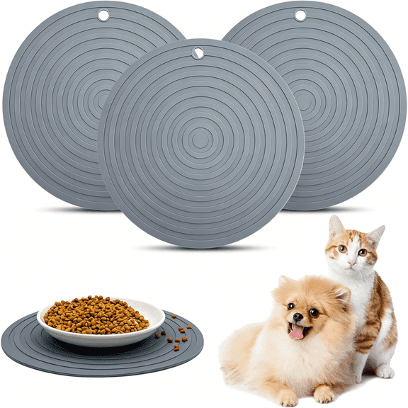 ACDANC 3PCS Silicone Pet Food Mat, 9.5" Round Waterproof Non-Slip Dog Cat Bowl Placemat Preventing Feed and Water Overflow Suitable for Medium Small Bowl Dish Plate for Small Animals Protect Floor