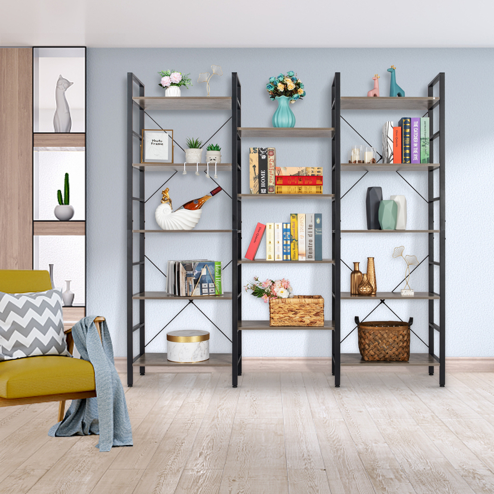 Triple Wide 5 Tier Bookshelf, Bookcase with 14 Open Display Shelves