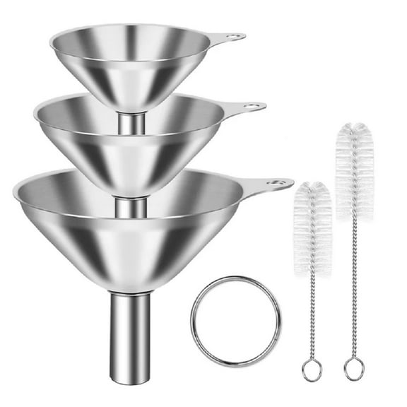 3-Piece Stainless Steel Kitchen Funnel Set with Cleaning Brushes – Durable Metal Funnels for Oils, Spices & Liquids TIKA