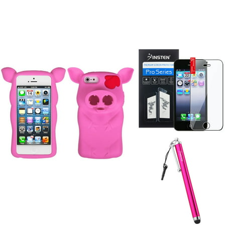 Insten Hot Pink Pig Nose Skin Case For iPhone 5S 5 + Stylus + LCD Guard