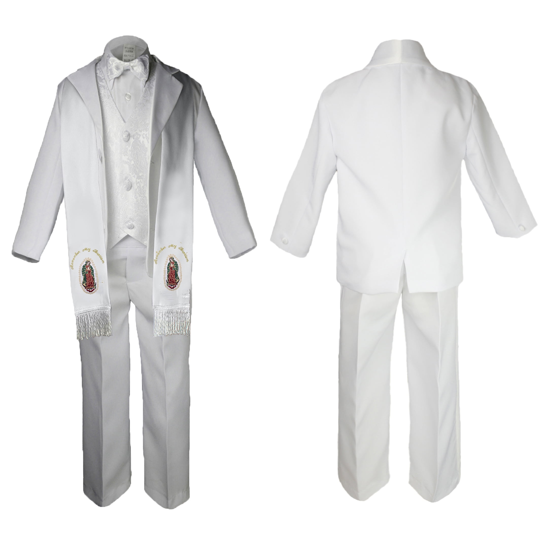 New Born Baby Boy Teen Christening Baptism Formal White Paisley Suit Silver Gold Maria Guadalupe on Stole SM-20