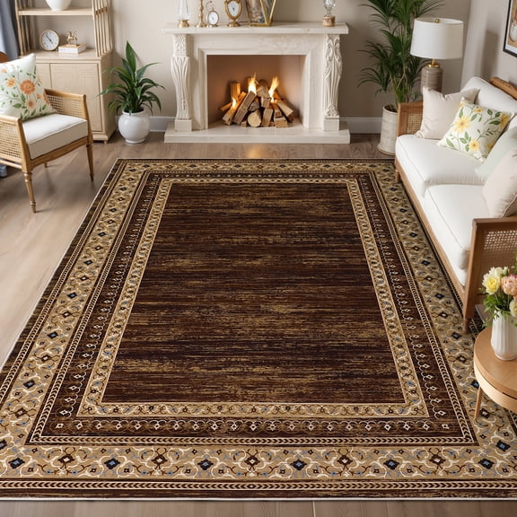 Garvee 8'x10' Modern Bordered Area Rug Vintage Floral Rug with Non Slip Backing, Soft Washable Accent Carpet for Living Room Bedroom Home Office, Brown